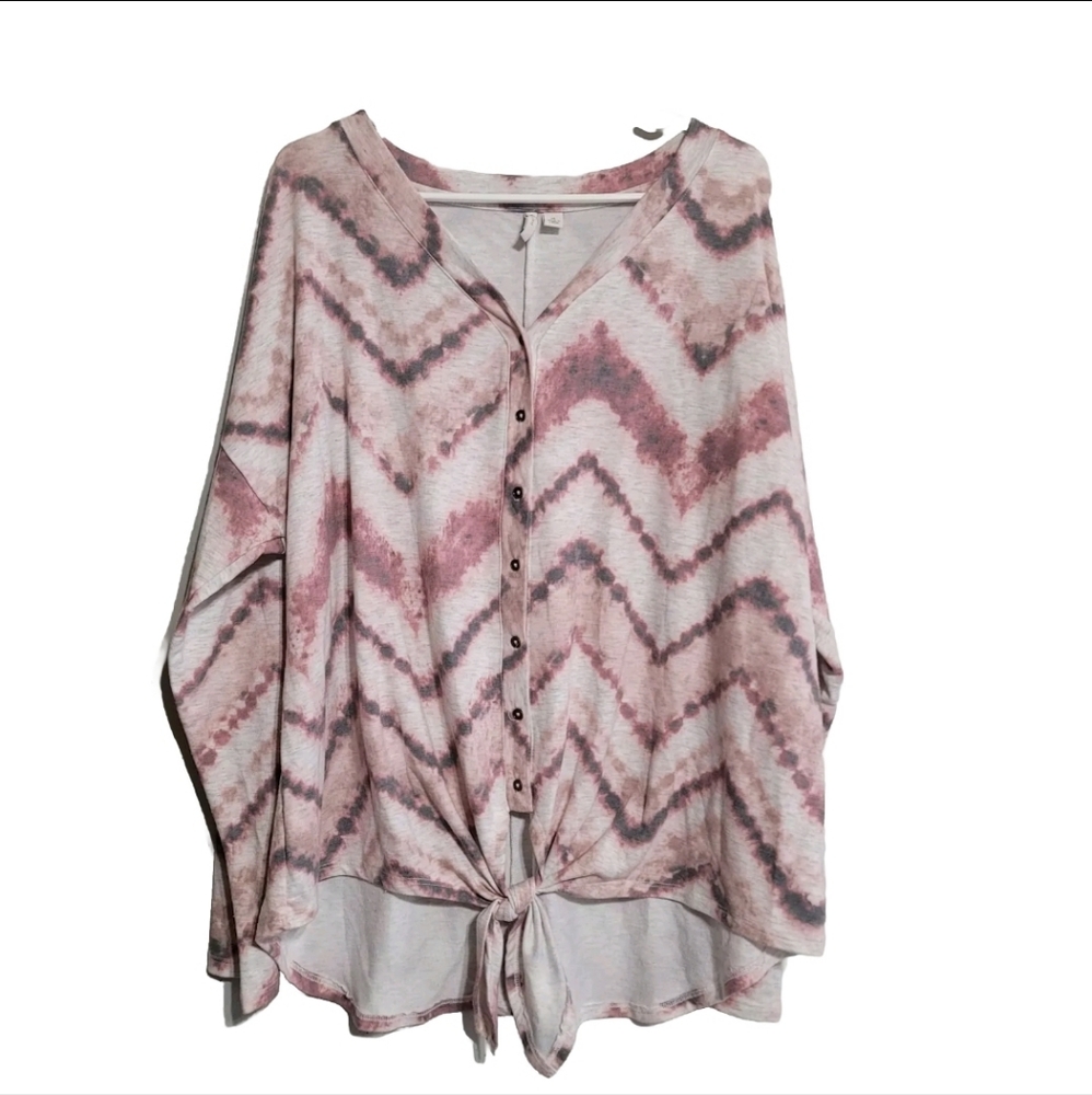 Cato women's top XL Tie Front Button Up Stretchy Pink Gray Shirt Western Cowgirl